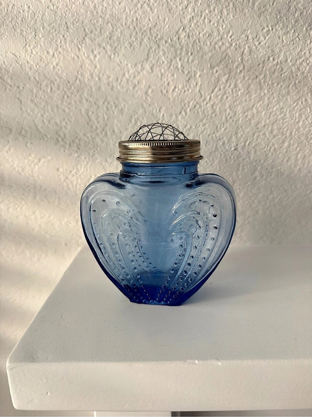 Vintage Blue Glass Heart Vase / Flower Frog Jar 2004